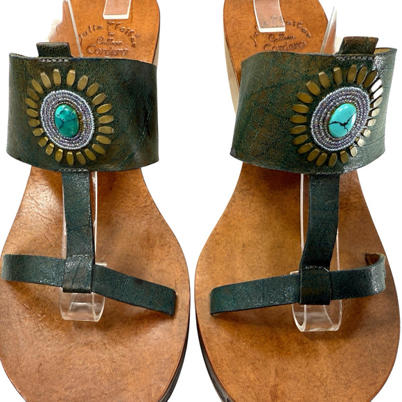 Calleen Cordero T Strap Platform Wedge‎ Wood Sandals Turquoise Concho Size 10 - Picture 5 of 10